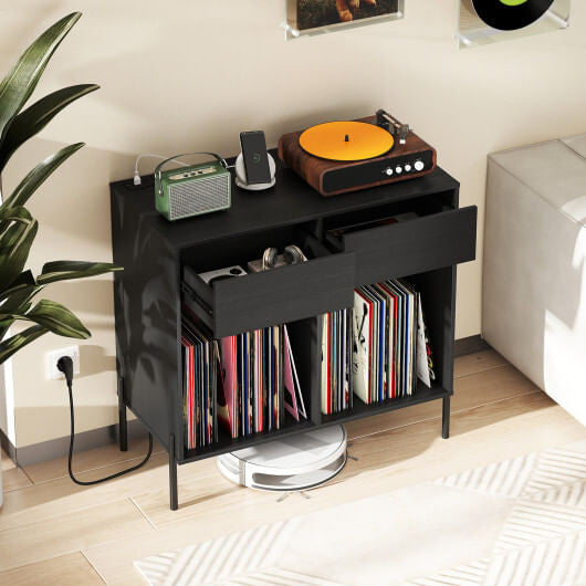 Record Player Stand with Power Outlets Double Wide Turntable Stand Vinyl Record Storage Table-White-6