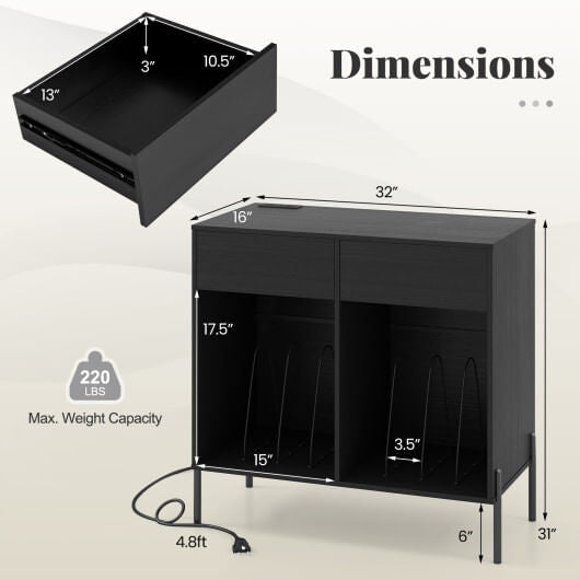 Record Player Stand with Power Outlets Double Wide Turntable Stand Vinyl Record Storage Table-White-8