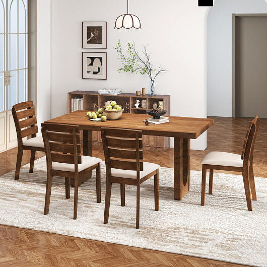 Dining Chair Set of 2 with Slatted High Backrest and Rubber Wood Legs-Brown-1