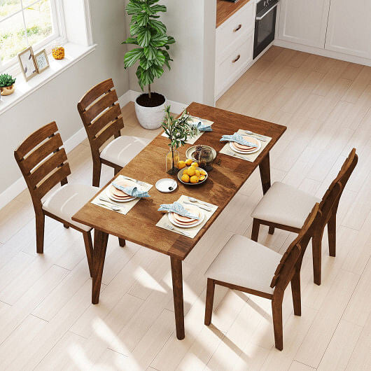 Dining Chair Set of 2 with Slatted High Backrest and Rubber Wood Legs-Brown-3