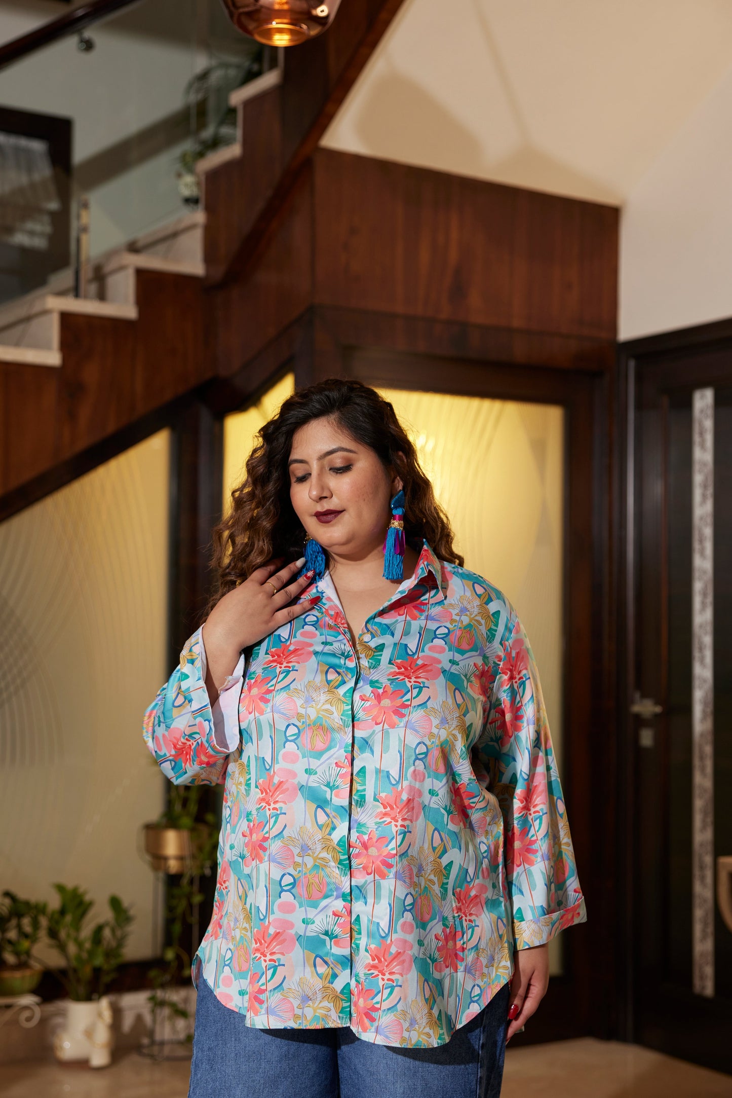 Blue Satin Digital Print Shirt-4