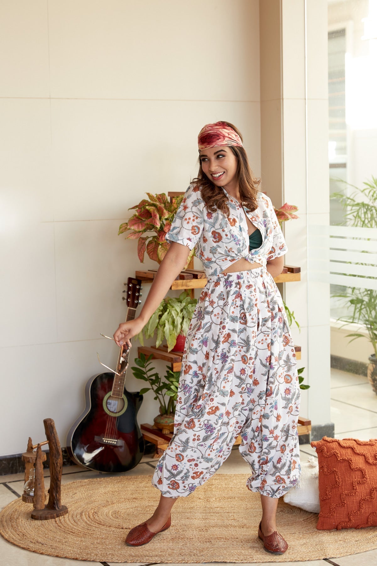 Fresh Bloom White Floral Cotton Co ord Set with Balloon Pants-4