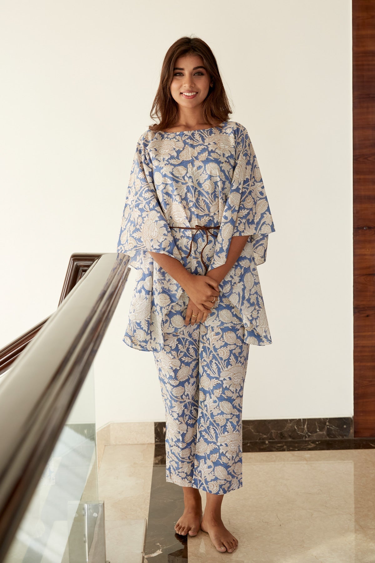 Blue Printed Cotton Kaftan Co-ord Set-4