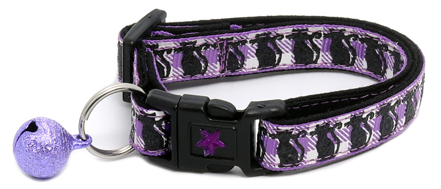 Glittering Black Cats on Plaid Breakaway Cat Collar-9