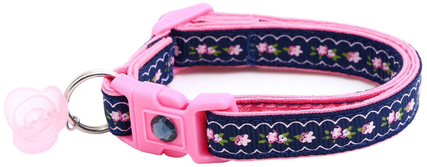 Pink Flowers and Lace on Navy Blue Breakaway Cat Collar-6