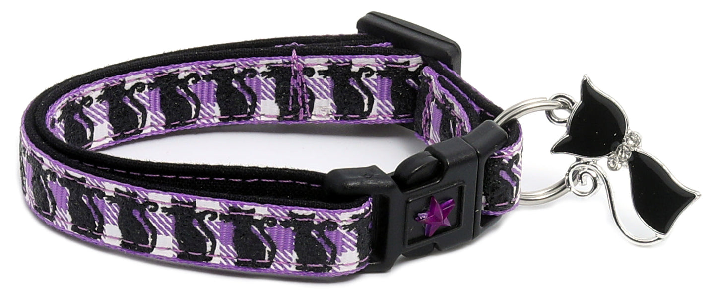 Glittering Black Cats on Plaid Breakaway Cat Collar-17