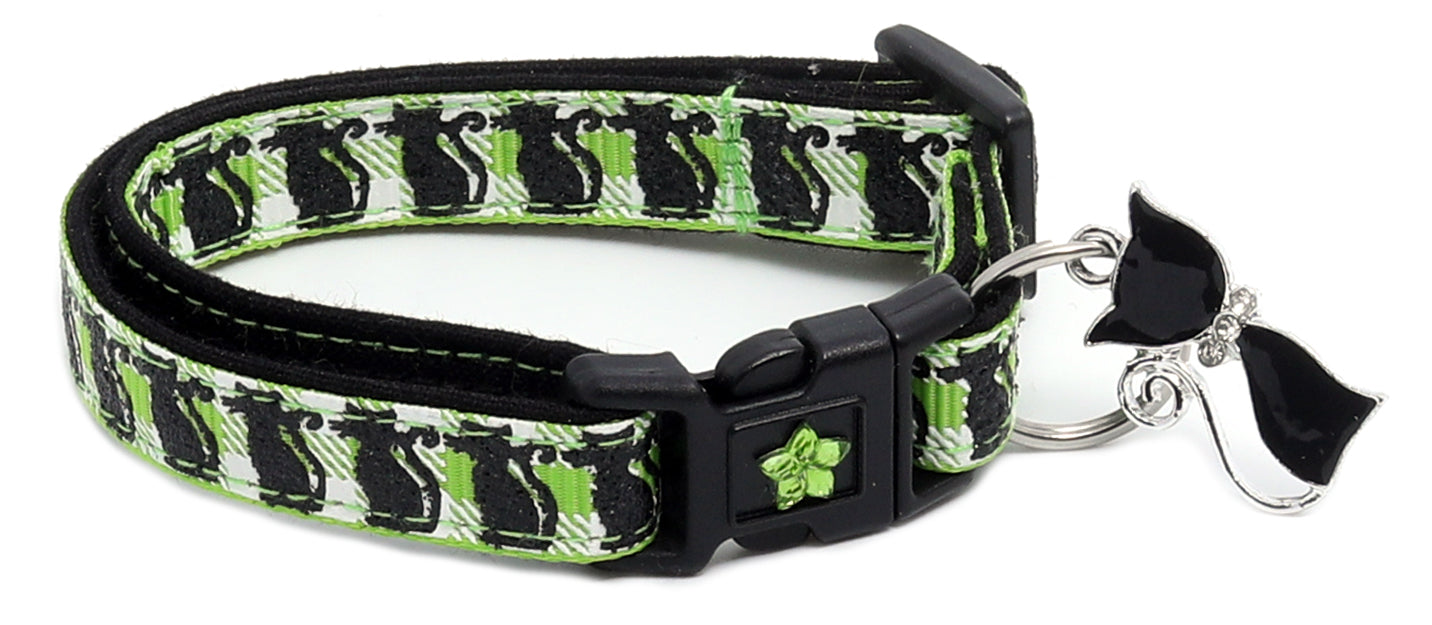 Glittering Black Cats on Plaid Breakaway Cat Collar-18