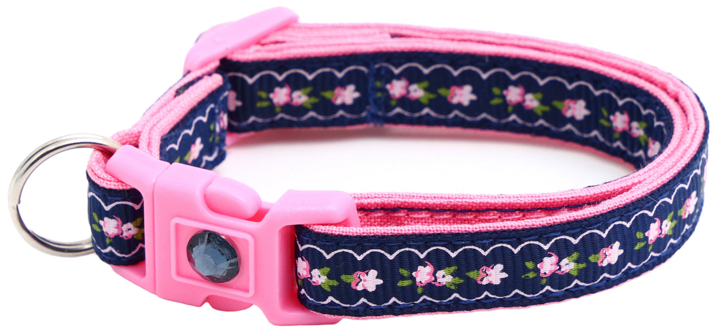 Pink Flowers and Lace on Navy Blue Breakaway Cat Collar-7