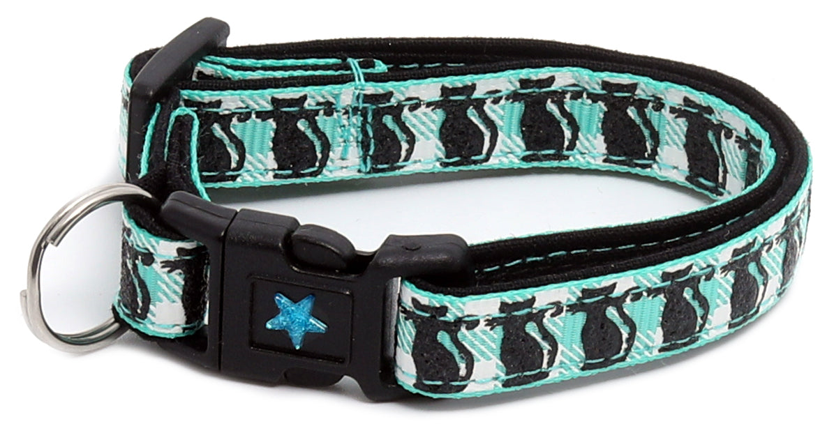 Glittering Black Cats on Plaid Breakaway Cat Collar-29