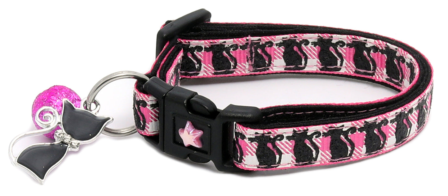 Glittering Black Cats on Plaid Breakaway Cat Collar-25