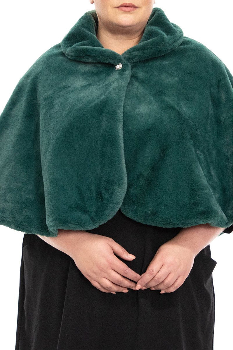 Nina Leonard faux fur capelet with collar and crystal button with snap closure (Plus Size)-0