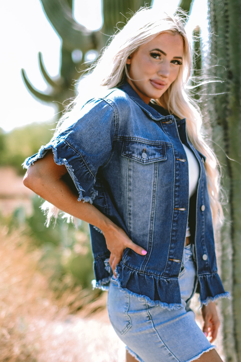 Luisa Ruffled Short Sleeve Denim Jacket-2