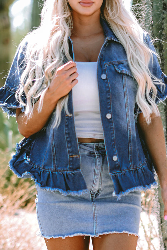 Luisa Ruffled Short Sleeve Denim Jacket-0