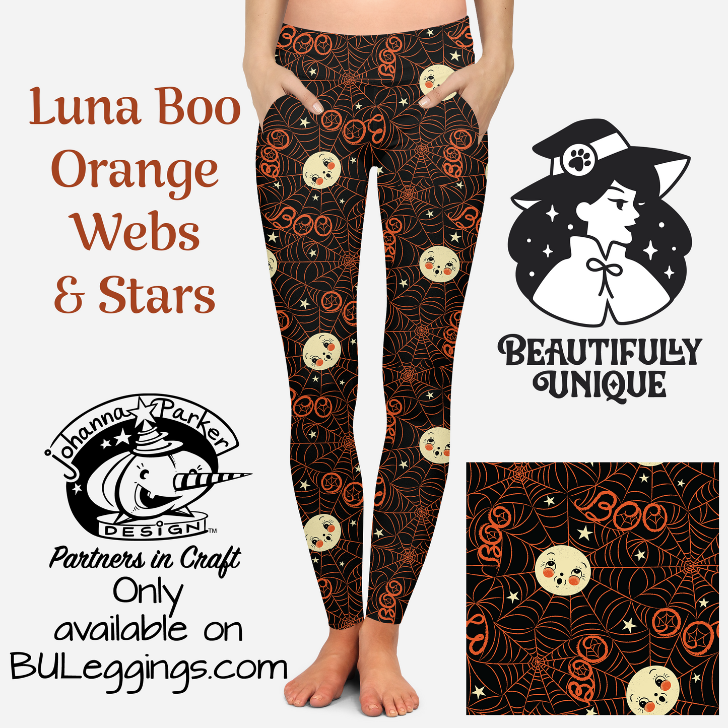 Luna Boo Orange Webs & Stars - Johanna Parker (Exclusive) - Pocket Leggings-1