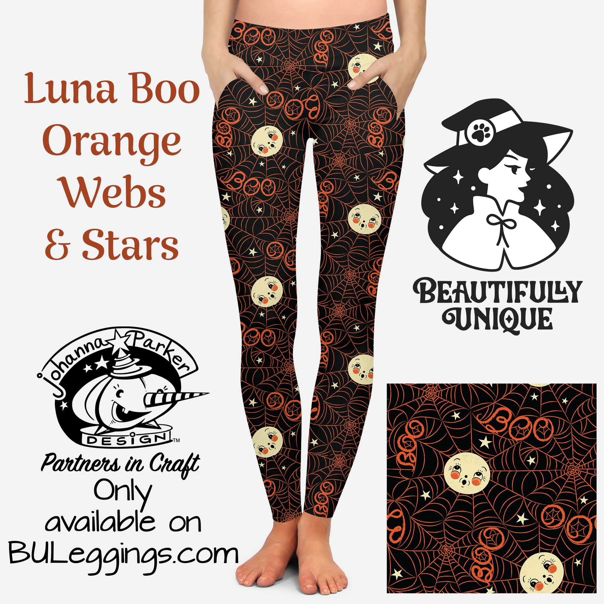 Luna Boo Orange Webs & Stars - Johanna Parker (Exclusive) - Pocket Leggings-1