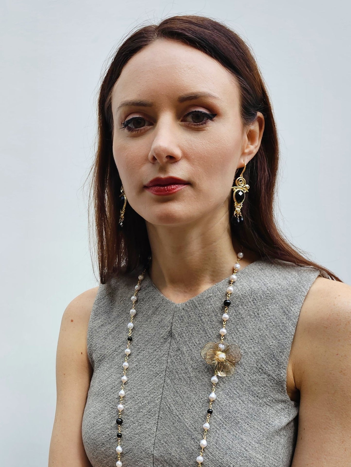 Freshwater Pearls And Black Obsidian With Flower Charm Long Necklace PN004-4