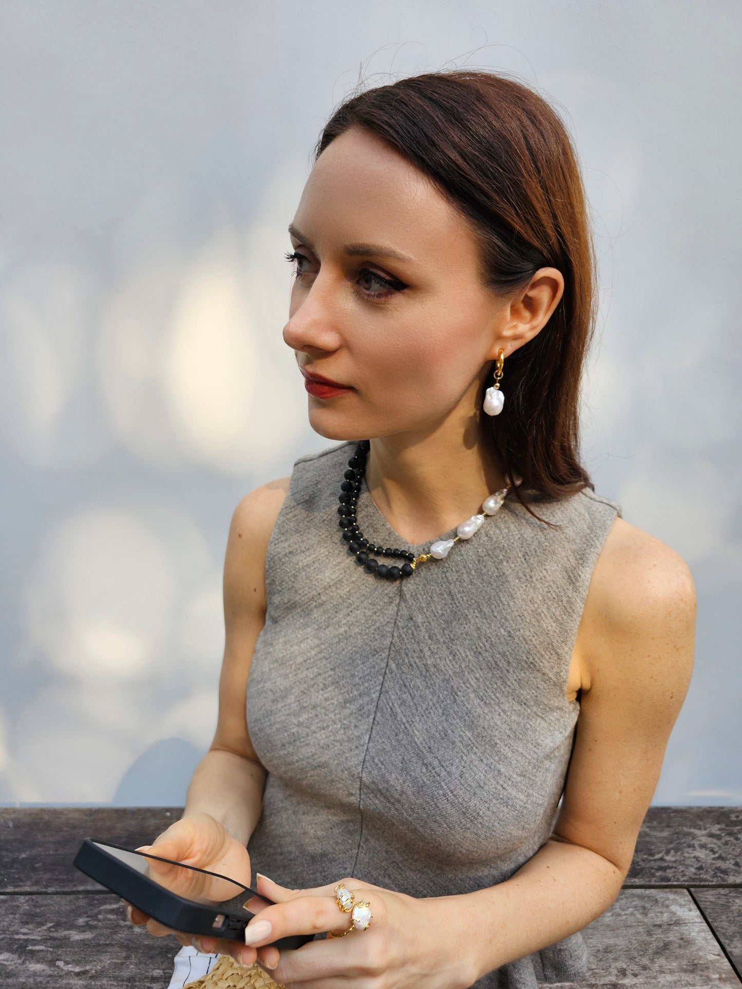 Black Obsidian And White Baroque Pearls Necklace PN003-4