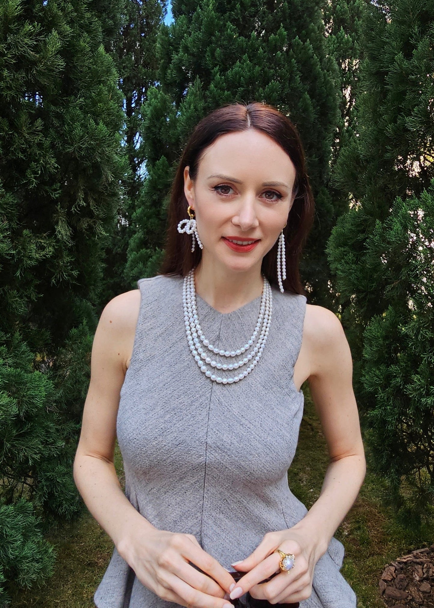 Freshwater Pearls Butterfly Knot And Tassel Asymmetric Earrings PE006-4