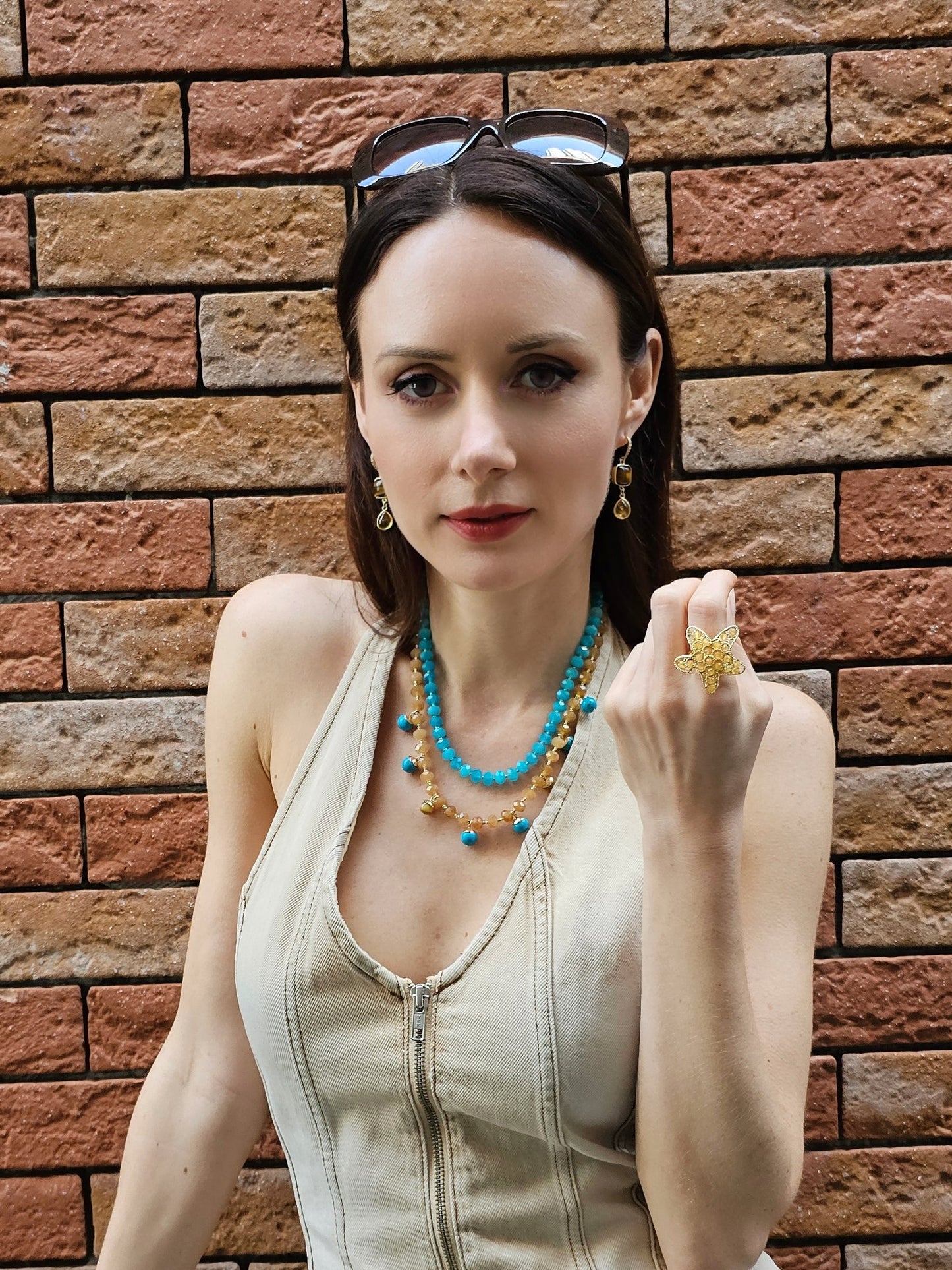 Green And Yellow Jade Double Layers Statement Necklace PN023-4