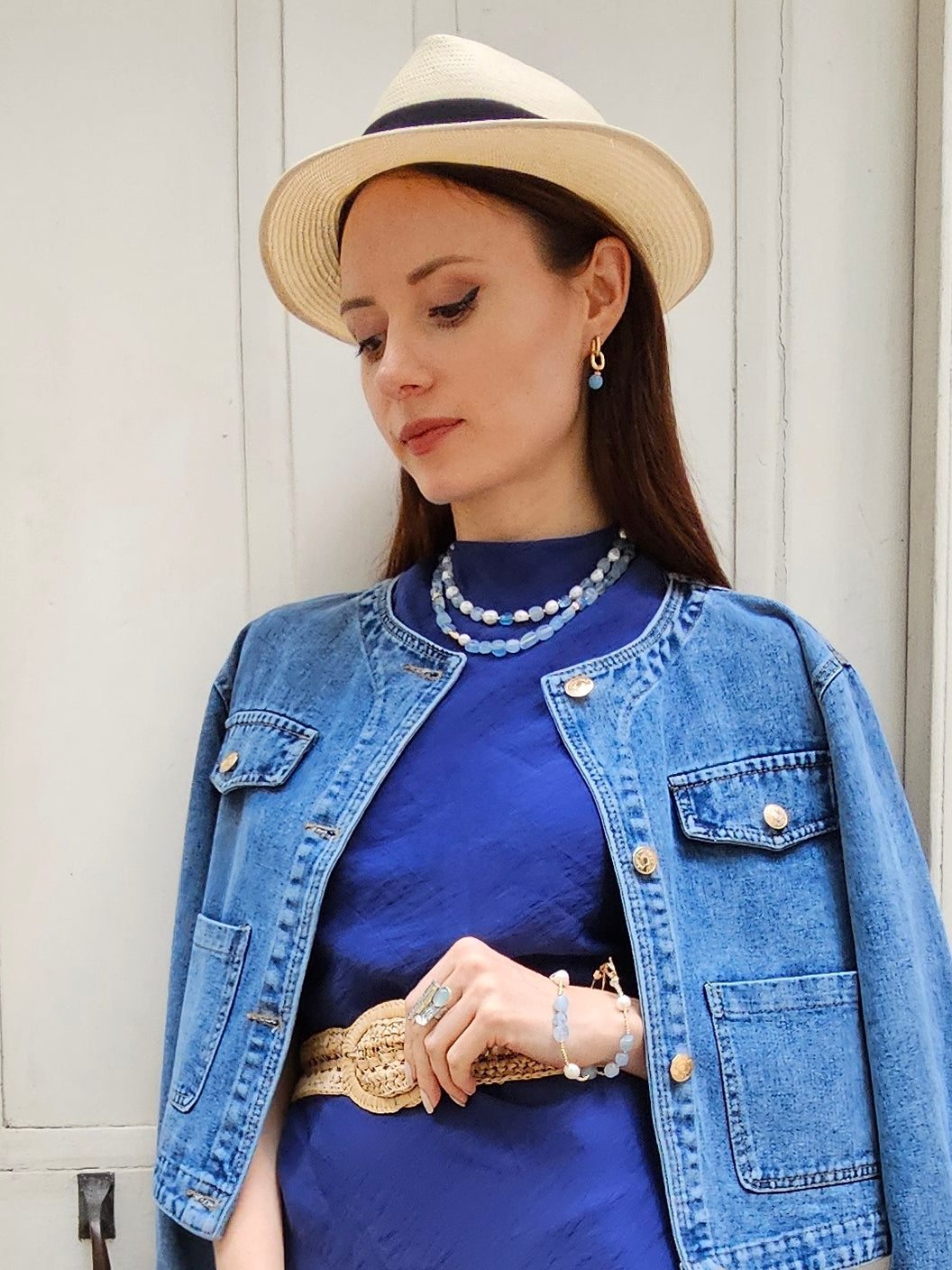 Irregular Freshwater Pearls With Aquamarine Short Necklace(PN024)-4