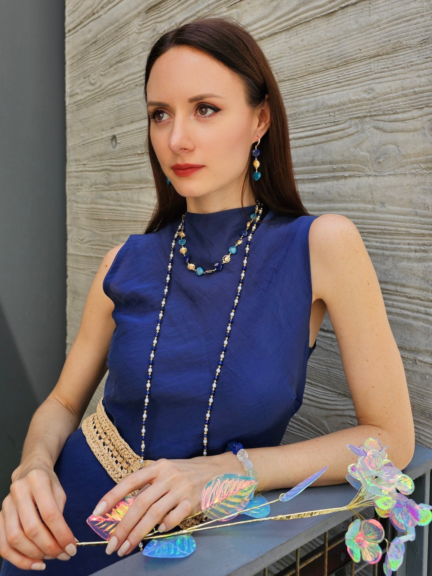 Heart Blue Gemstone With Flower Charms Statement Necklace PN034-4