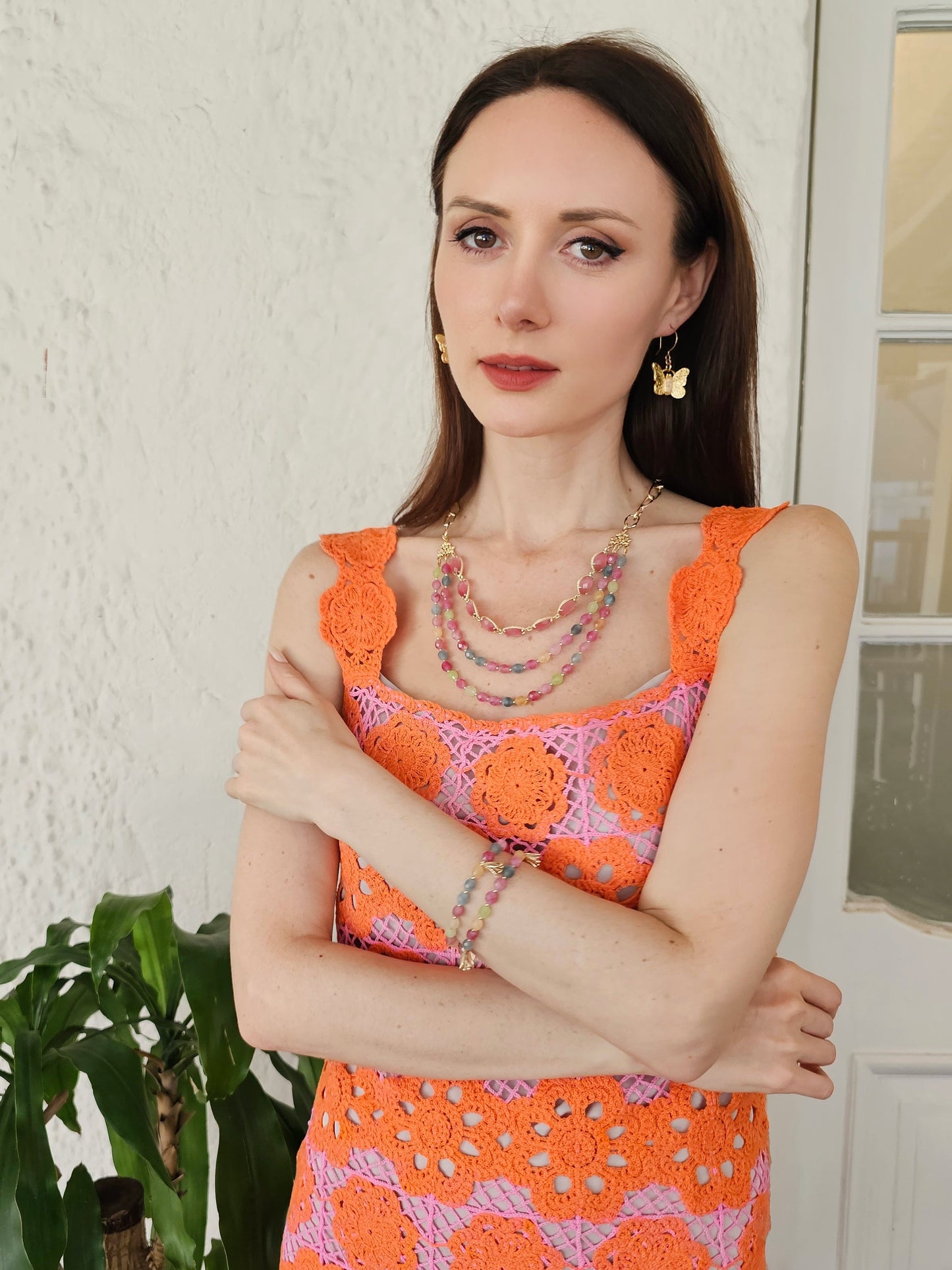Gold Butterfly with Rose Quartz Stone Earrings PE027-4