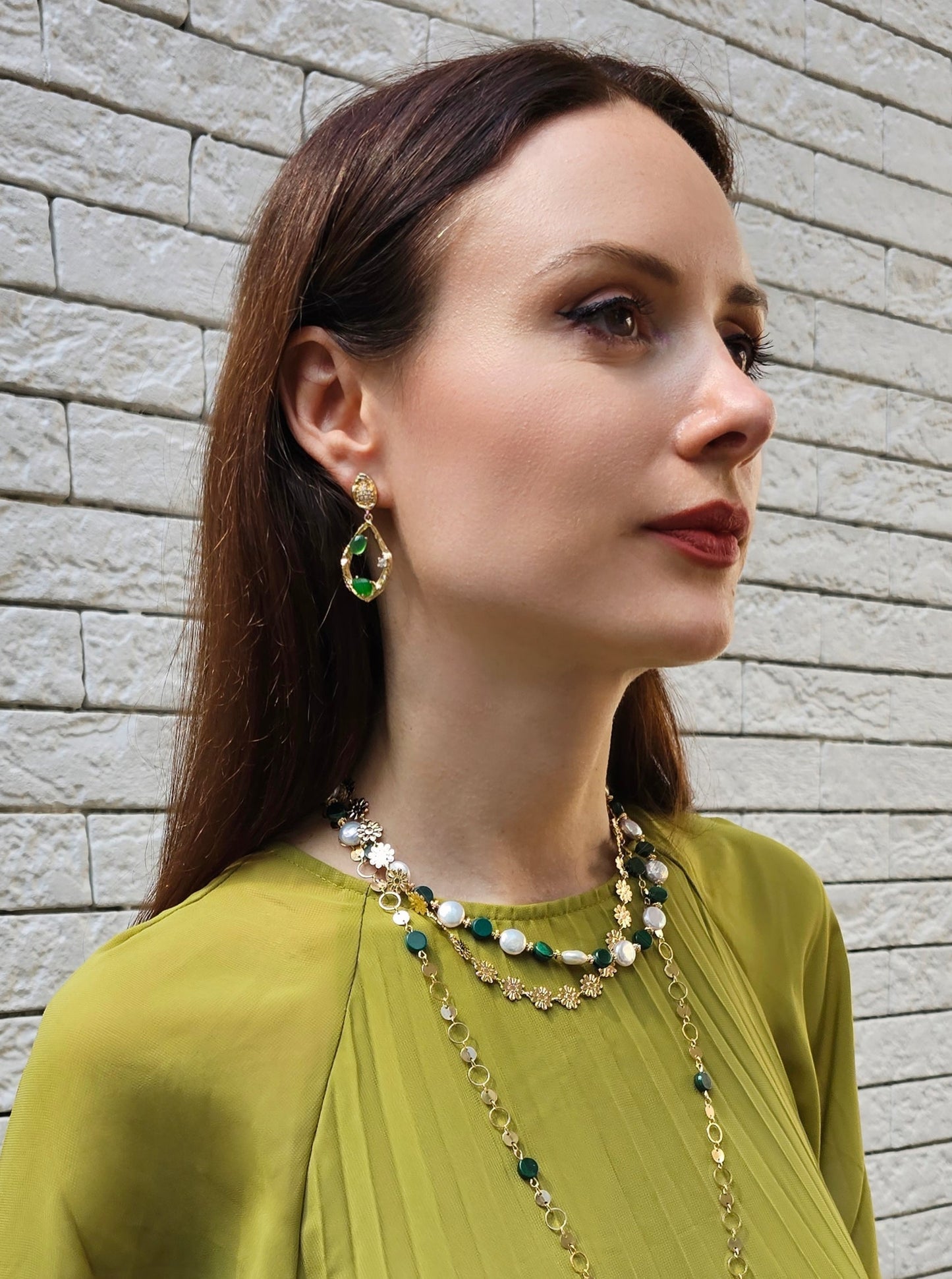 Green Agate Frame Dangle Statement Earrings PE045-4