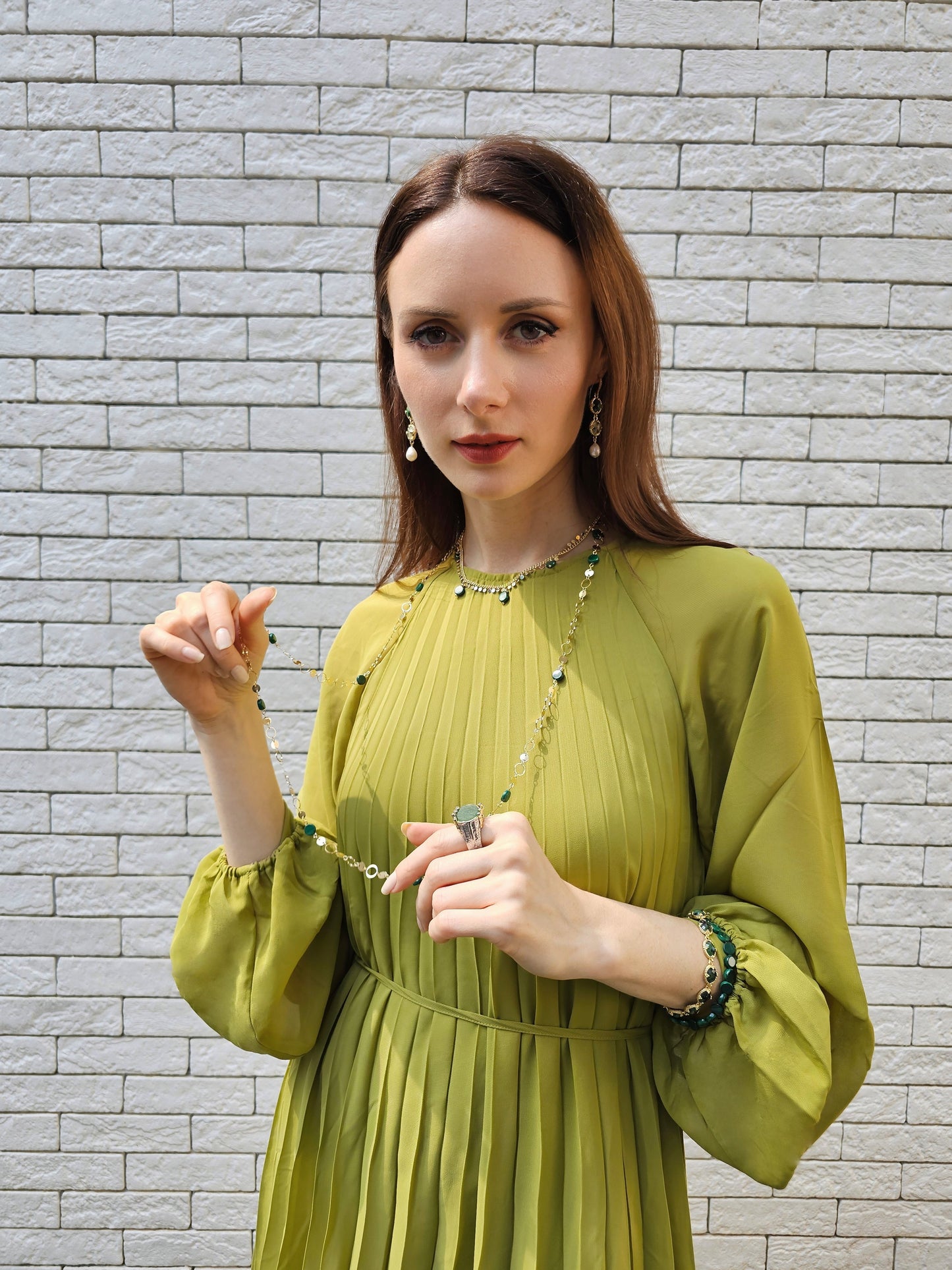 Green Gemstone With White Pearls Dangle Earrings PE043-4