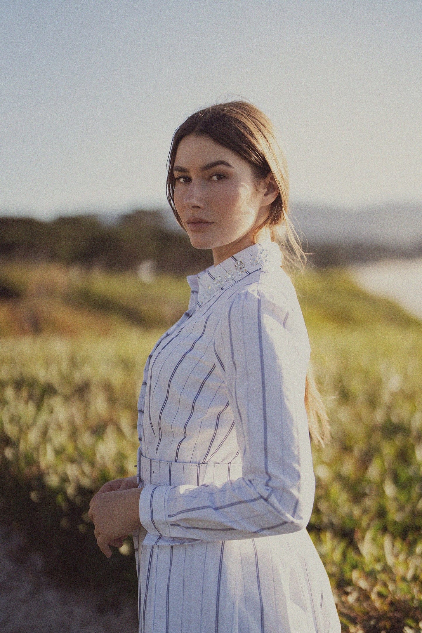 Jeweled Collar Belted Shirtdress-White Pinstripe-4