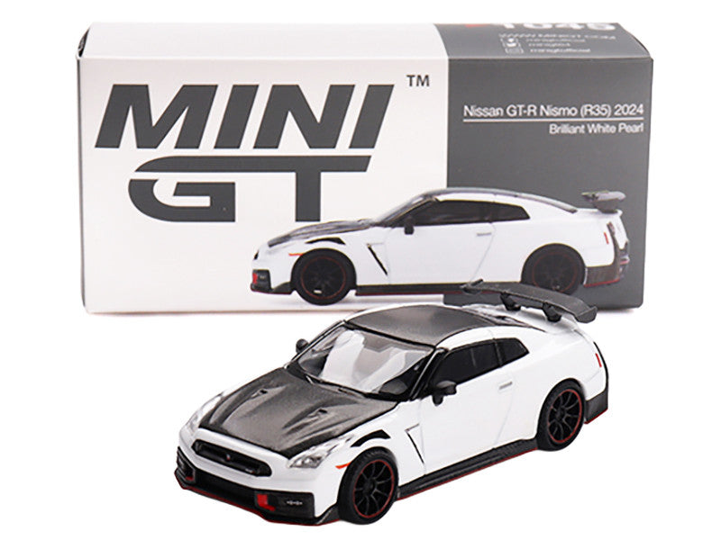2024 Nissan GT-R Nismo (R35) Brilliant White Pearl with Carbon Hood and Top Limited Edition 1/64 Diecast Model Car by Mini GT-1