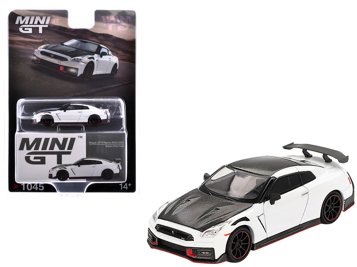 2024 Nissan GT-R Nismo (R35) Brilliant White Pearl with Carbon Hood and Top Limited Edition 1/64 Diecast Model Car by Mini GT-3