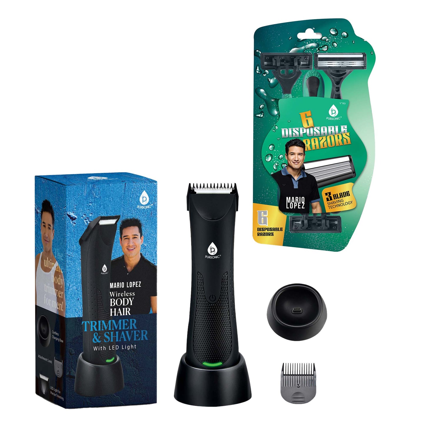 Mario Lopez Wireless Body Hair Trimmer & Shaver and Mario Lopez Disposable Razors - 3 Blade Shaving Surface Technology-0