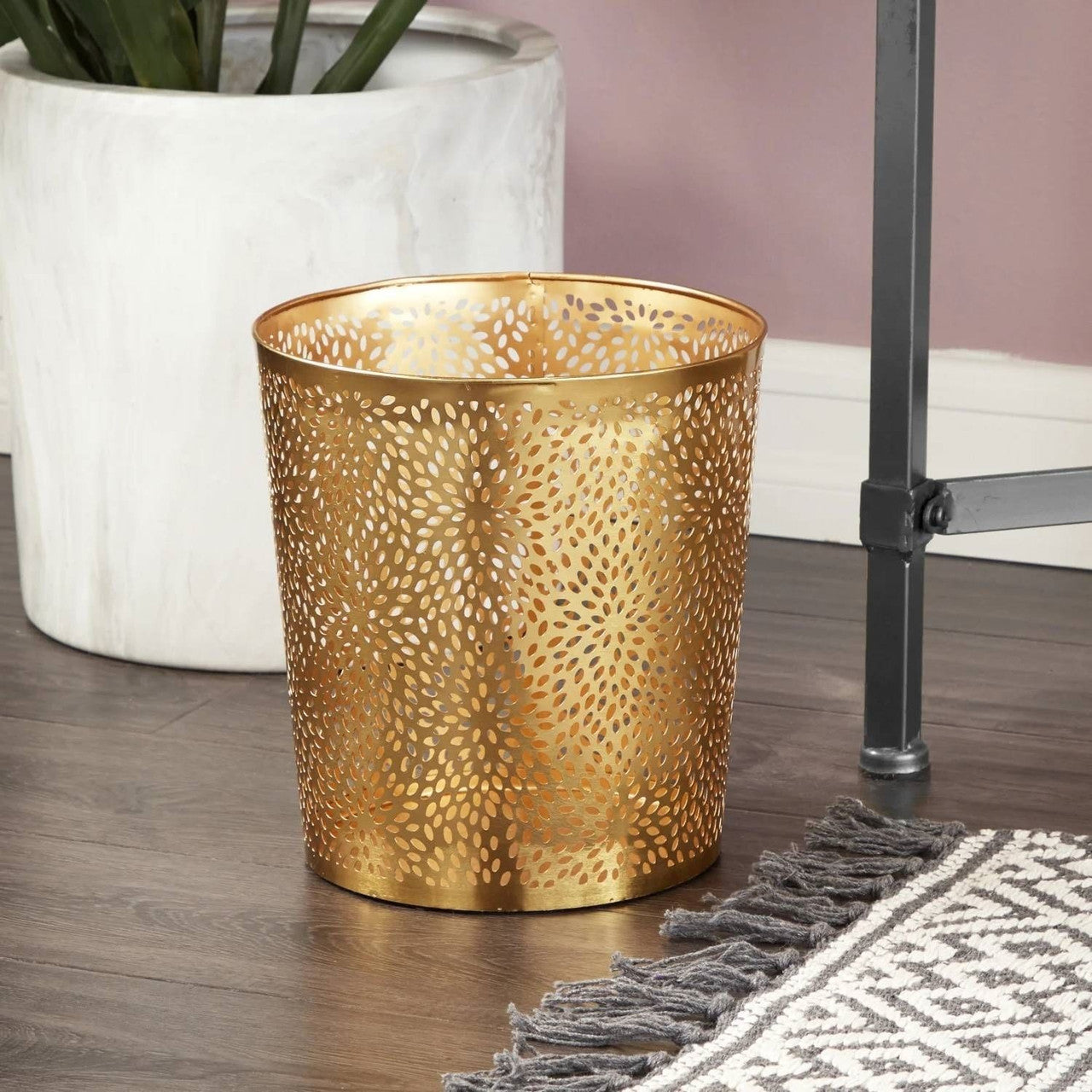 1.3 Gallon Round Perforated Copper Gold Metal Waste Basket Trash Can-0
