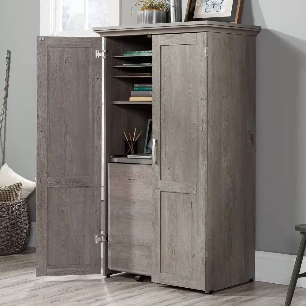Armoire with Drop Leaf Laptop Desk Craft Table in Grey Oak Finish - Made in USA-1