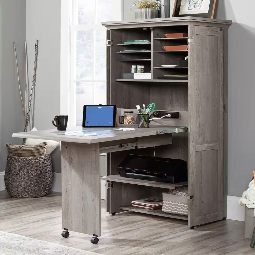 Armoire with Drop Leaf Laptop Desk Craft Table in Grey Oak Finish - Made in USA-2