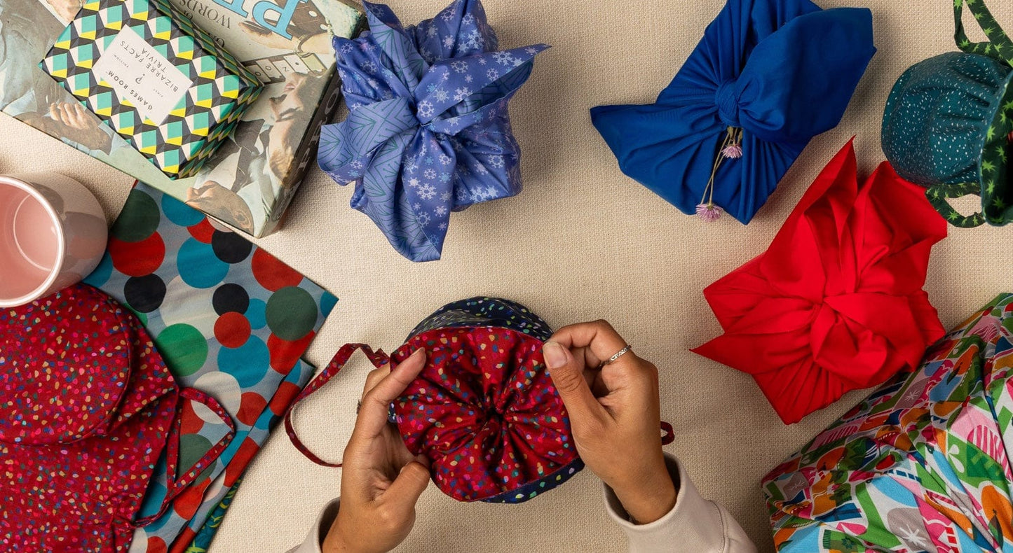 Medium Reusable Fabric Gift Bag | Blue & Red Confetti-1