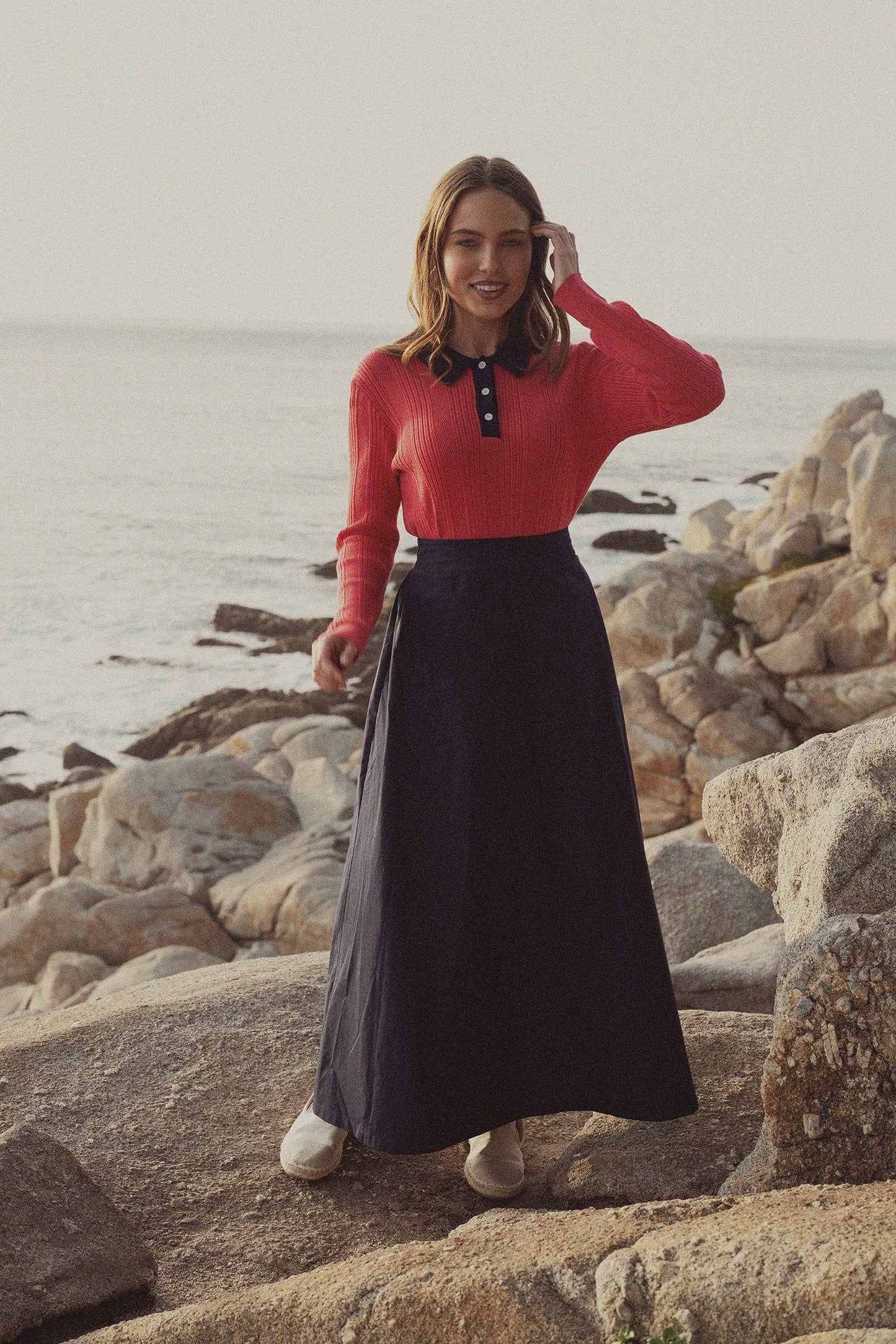 Knit Detail Collar Sweater-Fuchsia/Navy-0