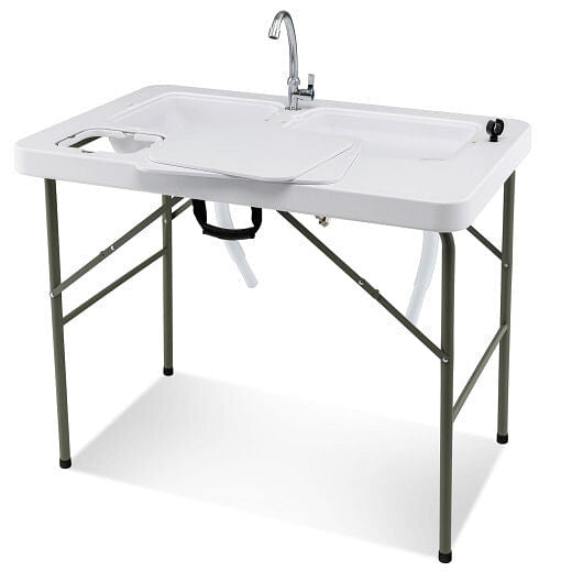 Fish Cleaning Table with 2 Sinks and 360?° Rotatable Fauce-White-4