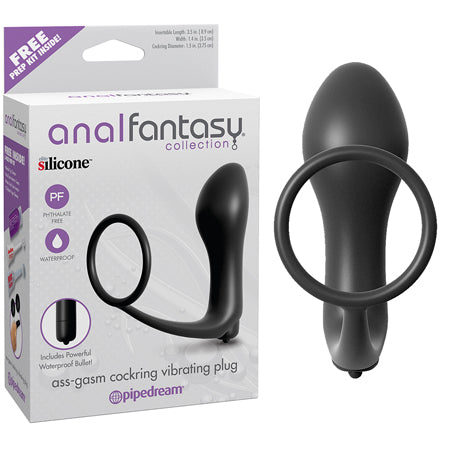 Anal Fantasy Collection Silicone Ass-Gasm Vibrating Cockring & Plug Black-0