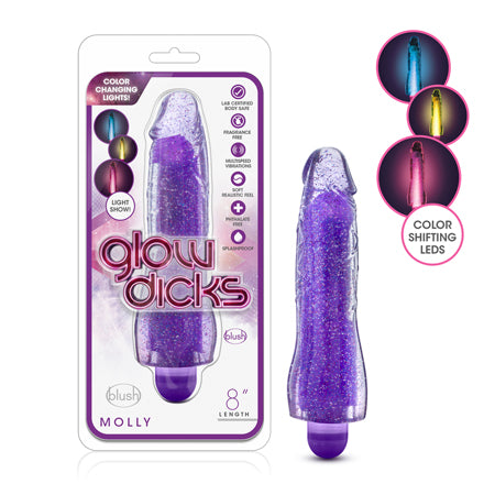Glow Dicks Molly Color Changing 8 in. Vibrating Dildo Glitter Purple-0