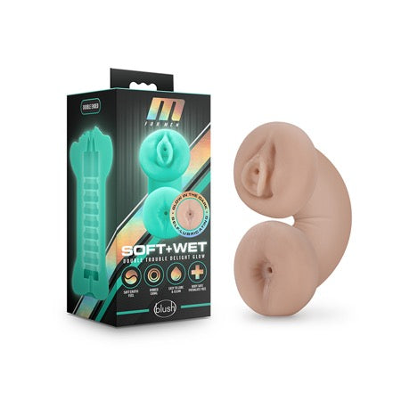 M for Men Soft + Wet Double Trouble Glow in the Dark Self-Lubricating Stroker Beige-0