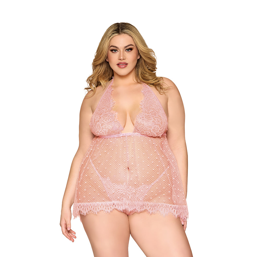 Dreamgirl Lace and Polka Dot Mesh Babydoll and G-String Rose Quartz 1XL-0