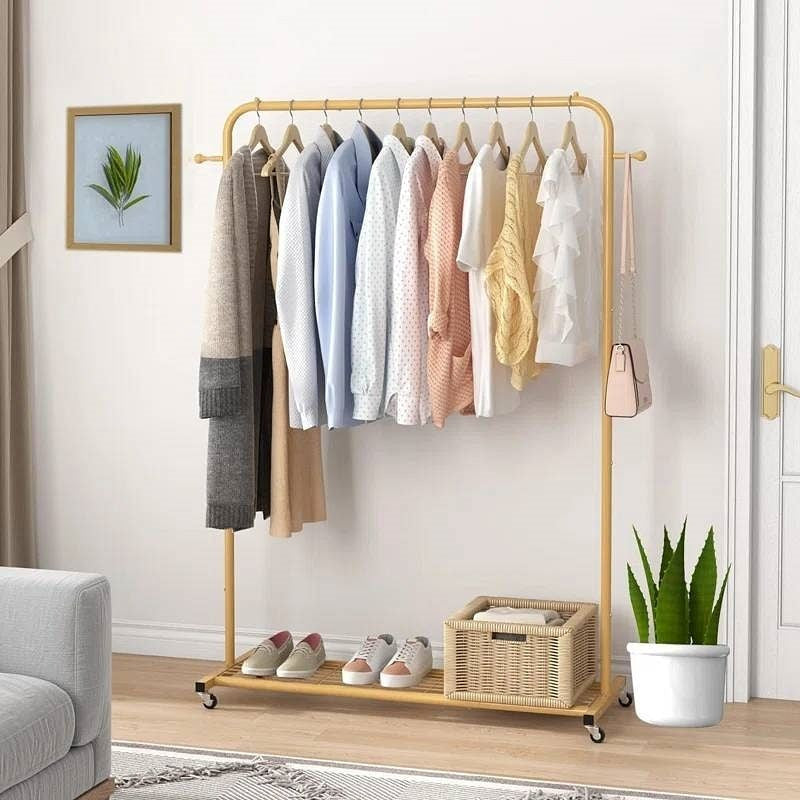 Modern Garment Rack Clothes Hanging Rod with Lockable Wheels in Gold-2