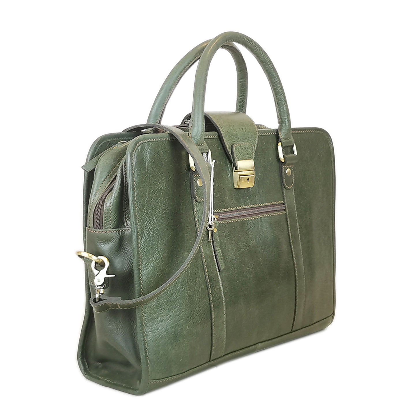 Leather Briefcase, Olive Green-0