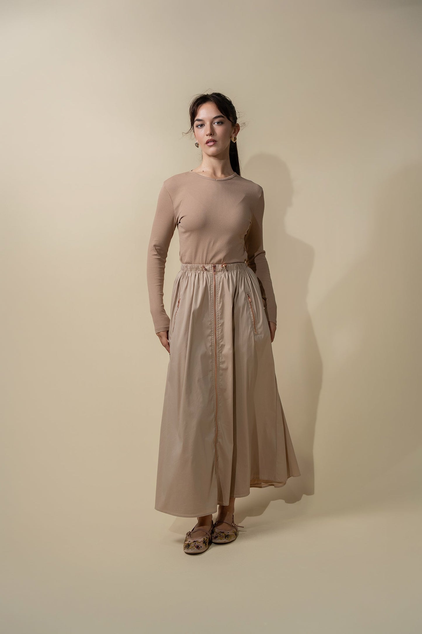 Front Zipper Cotton Circle Skirt-Tan-0
