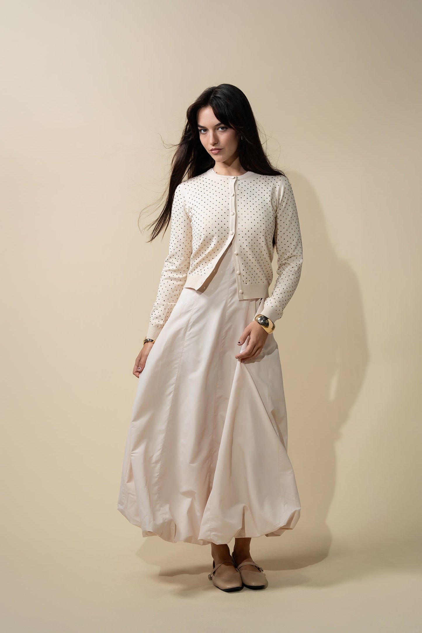 Stone Embellished Crew Cardigan-Vanilla-0