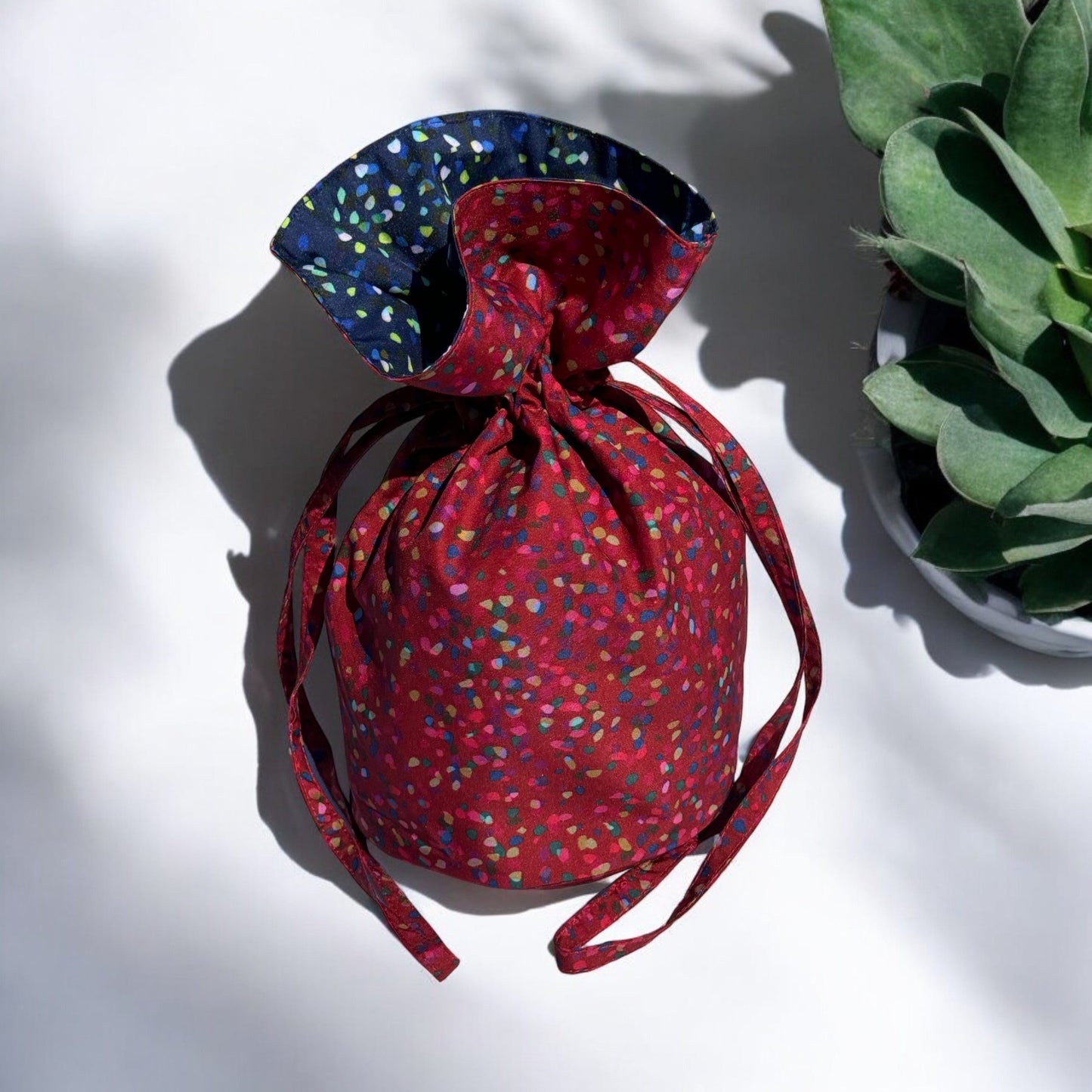 Medium Reusable Fabric Gift Bag | Blue & Red Confetti-3