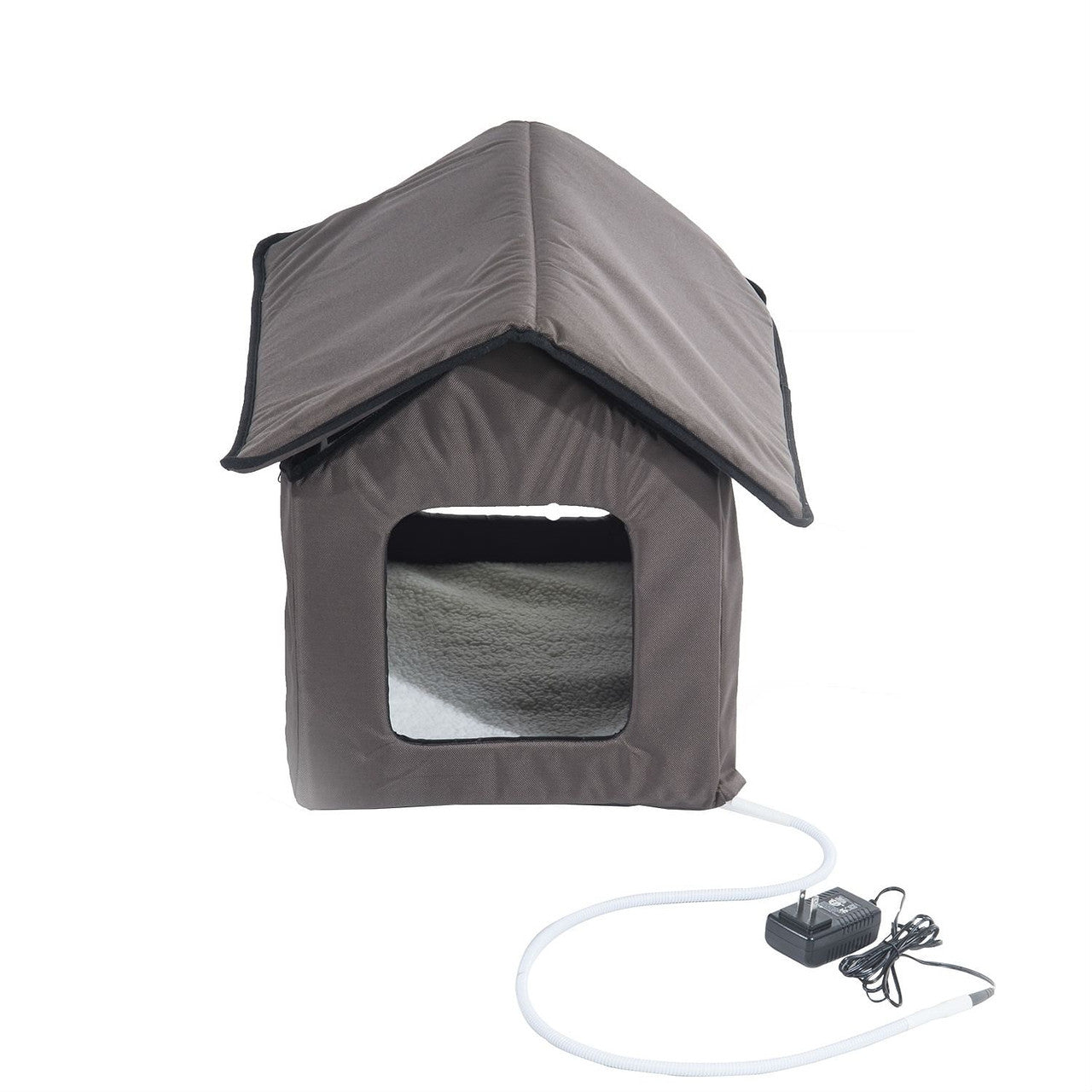 Heated Outdoor Cat House with Lamb Wool Padded Cats Bed in Brown-2