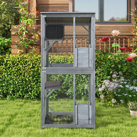 72 Inch TallWooden Cat House with Weatherproof Asphalt Roof-Gray-1