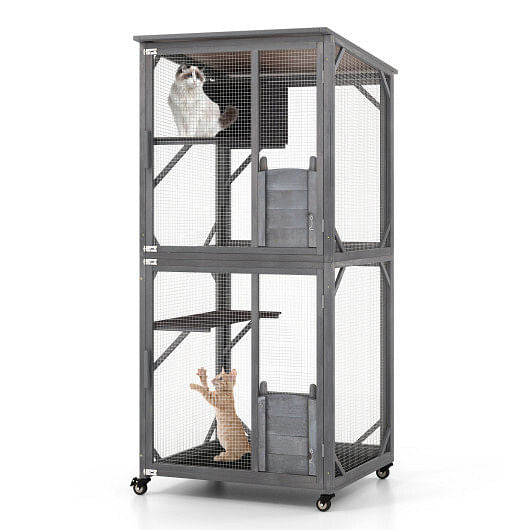 72 Inch TallWooden Cat House with Weatherproof Asphalt Roof-Gray-2